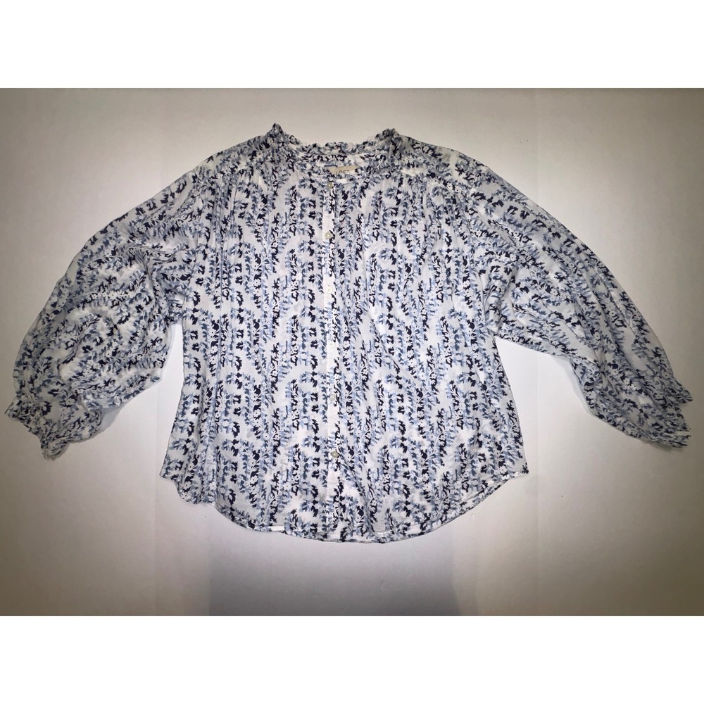 LOFT Women's Blue Floral Print Button Up Long- 3/4 Sleeve Blouse Size Small